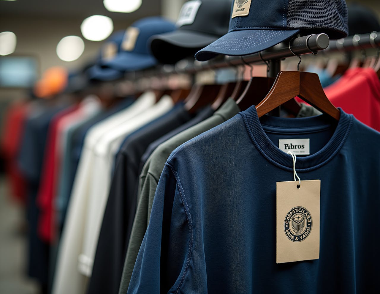 Home Close-up of branded t-shirts and caps hanging in a retail clothing store.