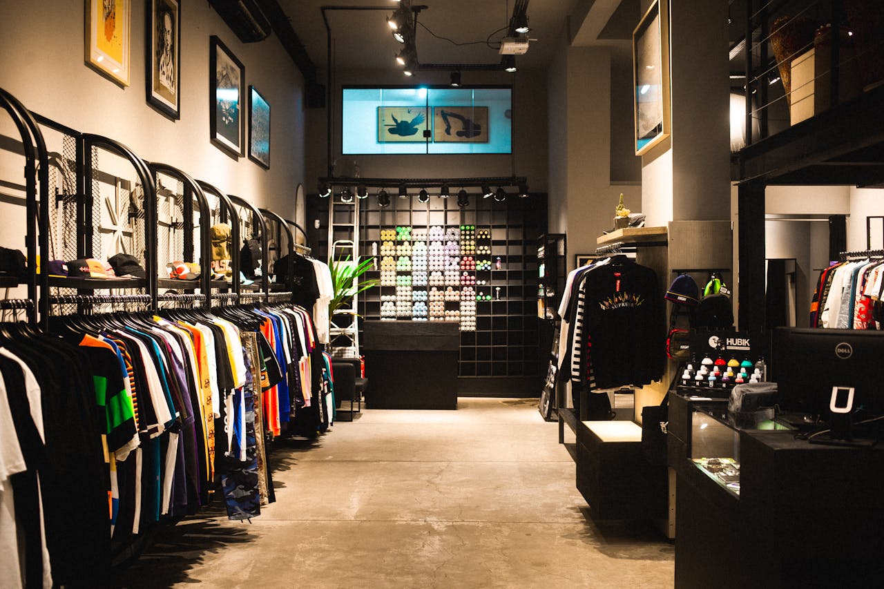 Home Explore the stylish interior of a modern urban fashion store with vibrant clothing displays.